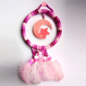 Mini pink dreamcatcher with handmade resin moon and star centrepiece and natural goose feathers, wall hanging small dreamcatcher gift idea