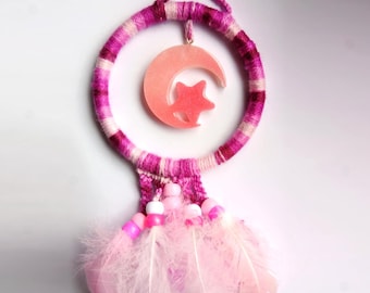 Mini Traumfänger rosa: Handgefertigter Resin Mond & Stern, Gänsefedern