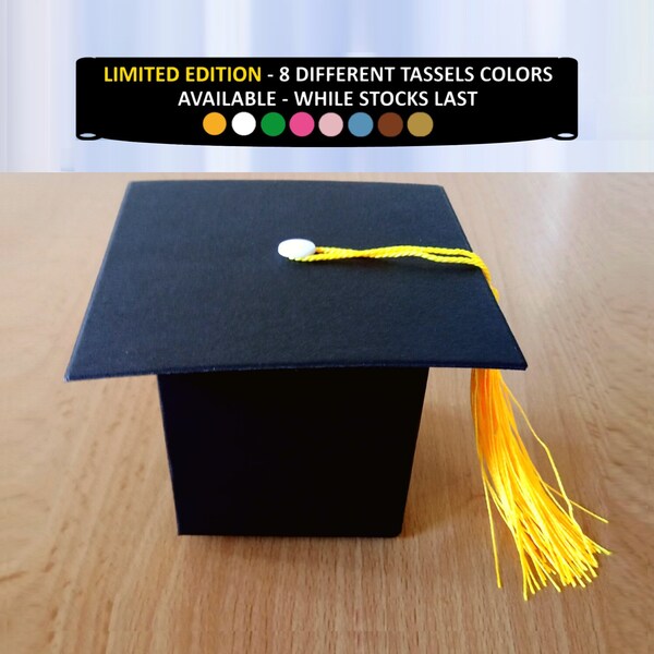 Graduation cap gift box with 10 different tassel colors available, 3D black cardboard graduate cap favour party gift boxes with tassel