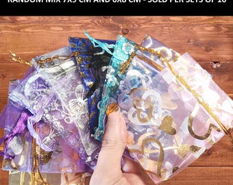 Organza gift bags mix set, organza bags with gold and silver pattern, organza pouches mixed colours, flower heart butterfly organza bags mix