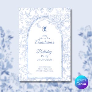 Może przedstawiać: Jasnoniebieskie i białe kwiatowe zaproszenie na przyjęcie urodzinowe Anastasii. Zaproszenie zawiera tekst "kindly join us for Anastasia's Birthday Party 10.10.2026". Projekt przedstawia kwiaty, ptaki i łukowatą ramę.