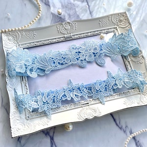 light blue bridal garter lace flowers wedding accessories lace romantic boho garter gift for the bride bridal jewelry Set (breit + dünn)