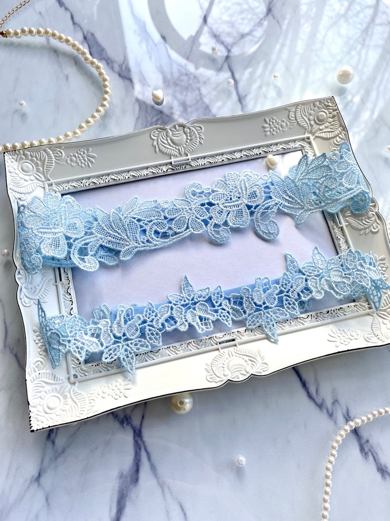 light blue bridal garter lace flowers wedding accessories lace romantic boho garter gift for the bride bridal jewelry Set (breit + dünn)