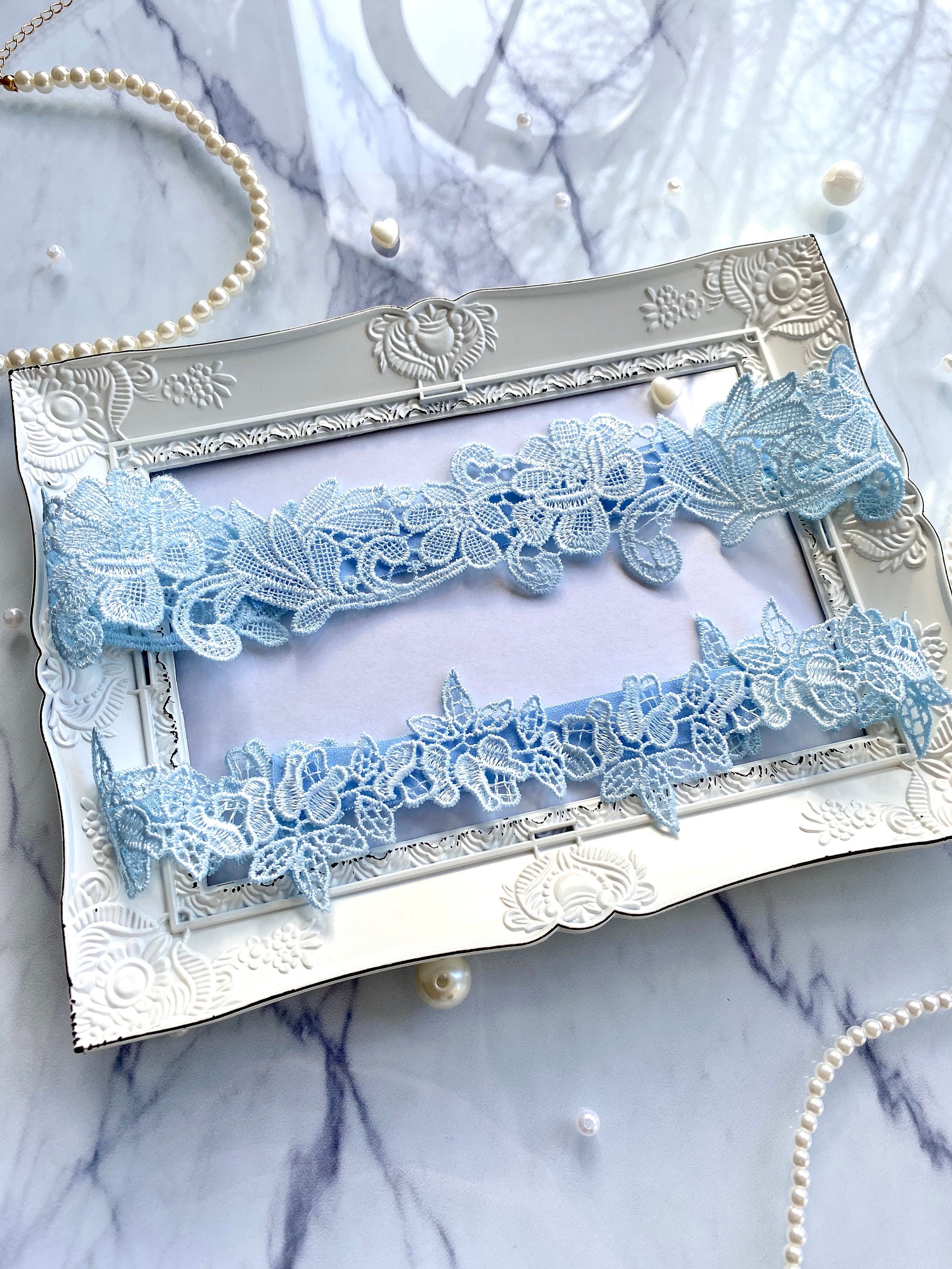 Strumpfband Blau Für Hochzeitsbraut - Spitze Mit Blumen Verzierung Brautstrumpfband