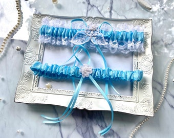 Liga de novia de encaje azul claro, accesorio de boda, joyería nupcial, liga con aplique de flores y cuentas de vidrio, regalo para la novia, encaje