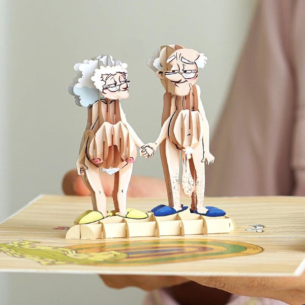 Divertente biglietto d'auguri per anniversario / Pop-up di coppia di anziani nudi