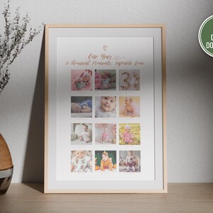 Sjabloon fotocollage voor baby's eerste jaar | Mijlpaalposter van 12 maanden | Afdrukbare digitale groeigrafiek voor baby's