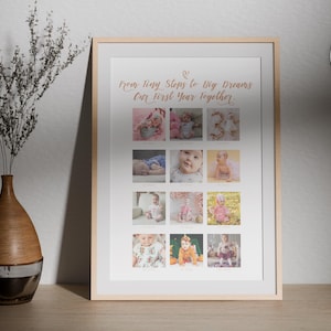 Sjabloon fotocollage voor baby's eerste jaar | Mijlpaalposter van 12 maanden | Afdrukbare digitale groeigrafiek voor baby's