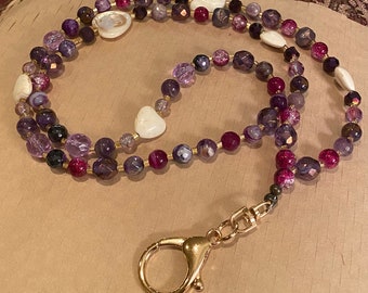 Purple Badge Lanyard,Pearl Stone badge lanyard,Heart Stones badge lanyard,Pearl Heart Necklace