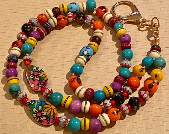 Spanish Bead Lanyard Necklace,Mexican Bead Lanyard,Teacher ID Lanyard,ID Card Bead Holder Lanyard