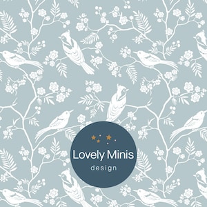 Dollhouse Wallpaper Blue Spring Birds and Flowers escala 1:12 - Carta de EE. UU., A4, Tabloide, A3 / Miniatura Diorama Roombox / Descarga imprimible