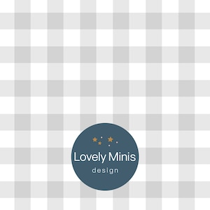 May include: A gray and white gingham pattern background with a blue circle in the center. The circle has five gold stars and the text "Lovely Minis design" in white.
