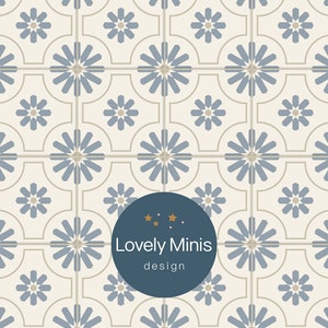 Könnte beinhalten: Ein nahtloses Muster mit einem sich wiederholenden Design aus stilisierten blauen und beigen Blumen. Das Muster befindet sich auf einem weißen Hintergrund. Der Text "Lovely Minis design" befindet sich in einem blauen Kreis mit weißen Sternen.