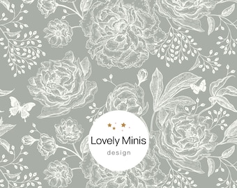 Behang poppenhuis: vintage rozen en vlinders, groen (afdrukbare download)