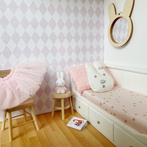 Carta da parati casa delle bambole diamanti rosa cipria scala 1:12 bambini camera da letto US lettera A4 Tabloid A3 miniatura Diorama Roombox download stampabile