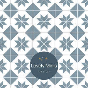 Dollhouse Stars Cement Tile Pattern Blue Water and White 1:12 scale - US letter, A4, Tabloid, A3 / Miniature Printable Download