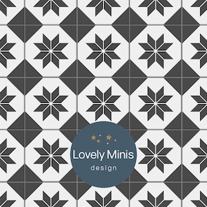 Dollhouse Stars Cement Tile Pattern, Charcoal & Light Gray, 1:12 scale - US letter, A4, Tabloid, A3 / Miniature Printable Download