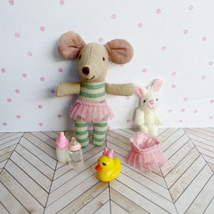 Miniature Dollhouse Baby Set with Tutu-slip and Daisy Bath Duck Two Nursing Bottles Stuffed Bunny 1/12 scale Suitable for Maileg Mice