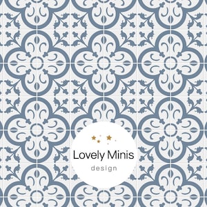 May include: A seamless pattern of blue and white tiles with a floral design. The tiles are arranged in a grid pattern. The pattern is repeated throughout the image. The image also includes a white circle with the text "Lovely Minis design" and two gold stars.