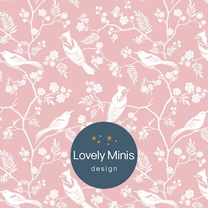 Dollhouse Wallpaper Pink Spring Birds and Flowers 1:12 scale - US letter, A4, Tabloid, A3 / Miniature Diorama Roombox / Printable Download