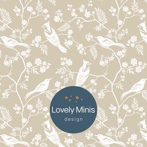 Papel pintado para casa de muñecas con pájaros y flores primaverales en color beige, escala 1:12 - Carta de EE. UU., A4, Tabloide, A3 / Diorama en miniatura Roombox / Descarga imprimible