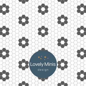 Puede incluir: Un patrón sin costuras de azulejos hexagonales en blanco y negro. Cada azulejo presenta un diseño de estrella de seis puntas. El patrón se repite en toda la imagen. El texto "Lovely Minis design" está centrado en un círculo azul.