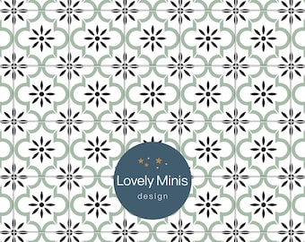 Dollhouse Cement Tile: Oriental Black, Green & White Pattern (Printable Download)