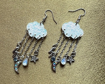 Rain Cloud Earrings with Dangling Lightning Bolt, Moon, and Star