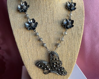 Black Butterfly Bead Necklace, One of a Kind Monarch Butterfly Statement Necklace