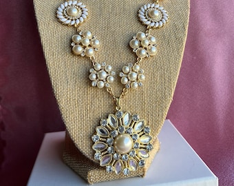 Sunburst Statement Necklace, One Of a Kind Rhinestone and Pearl Gold Necklace