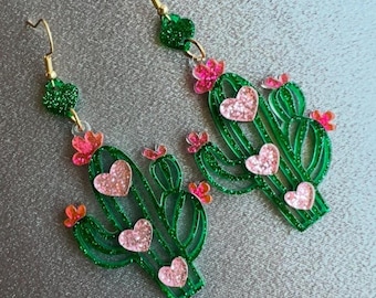 Glitter Cactus Earrings with Hearts