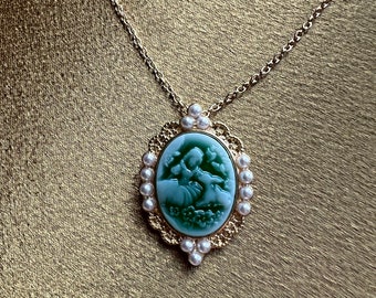 Green and White Storybook Cameo Necklace