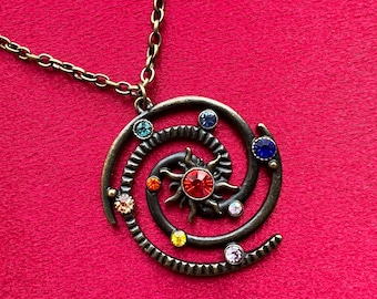 Antique Bronze Solar System Necklace: Rhinestone Galaxy Pendant