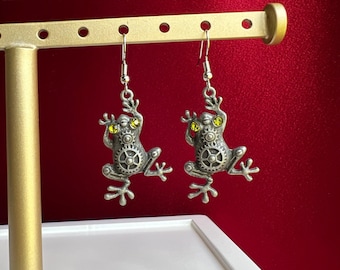 Steampunk Frog Silver Earrings