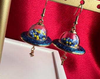 UFO Dangle Earrings: Blue Glitter Spaceship with Shaker Balls