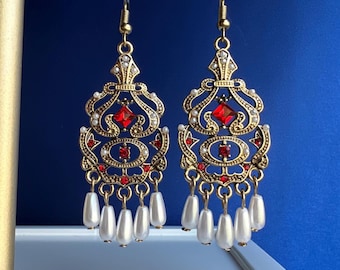 Victorian Filigree Earrings with Red Rhinestones and Pearls