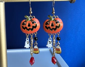 Jack-O-Lantern Earrings with Ghost and Candy Corn