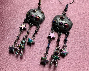 Full Moon Earrings with Dangling Astronauts and Stars