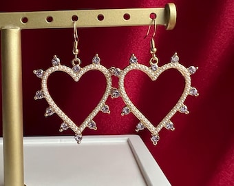 Pearl Heart Gold Earrings with Purple Rhinestones
