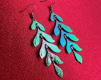 Rainbow Iridescent Cascading Leaf Earrings