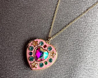 Rainbow Iridescent Pink Heart Locket Necklace with Rhinestones