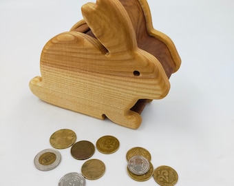 Wooden Bunny Piggy Bank/Kids piggy banks for boys/Money box Change bank/Piggy banks for kids personalized/Piggy bank adult/Wood Coin Bank.