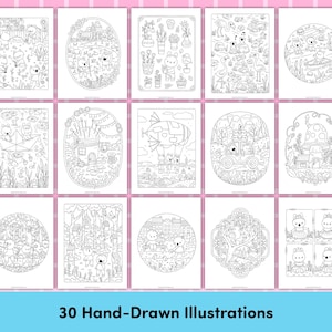 May include: A collection of 15 black and white coloring pages with various illustrations of cute animals and scenes. The pages are arranged in rows and columns on a pink and white checkered background. The text "30 Hand-Drawn Illustrations" is at the bottom.