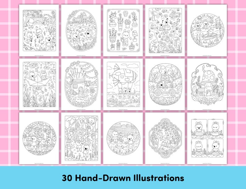 May include: A collection of 15 black and white coloring pages with various illustrations of cute animals and scenes. The pages are arranged in rows and columns on a pink and white checkered background. The text "30 Hand-Drawn Illustrations" is at the bottom.