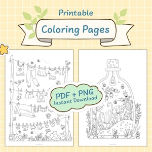 Cute Coloring Pages Printable, Hand Drawn, Digital Download JPG (PDF) + PNG, for Adults and Children, Set 13