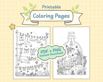 Cute Coloring Pages Printable, Hand Drawn, Digital Download JPG (PDF) + PNG, for Adults and Children, Set 13