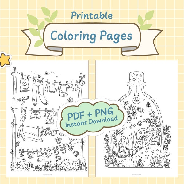 Cute Coloring Pages Printable, Hand Drawn, Digital Download JPG (PDF) + PNG, for Adults and Children, Set 13