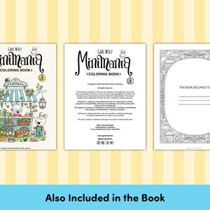 Puede incluir: Una portada de libro para colorear en blanco y negro con una linda ilustraci&oacute;n de un conejito frente a una tienda con un letrero que dice "MiniMania Libro para colorear".