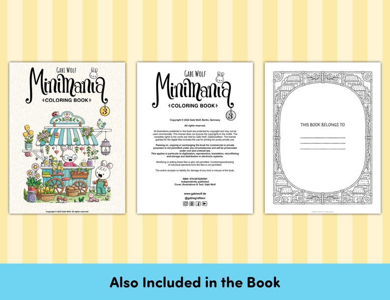 Puede incluir: Una portada de libro para colorear en blanco y negro con una linda ilustraci&oacute;n de un conejito frente a una tienda con un letrero que dice "MiniMania Libro para colorear".