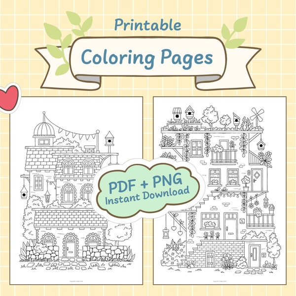 Houses Coloring Pages Printable, Hand Drawn, Digital Download JPG (PDF) + PNG, for Adults and Children, Set 8
